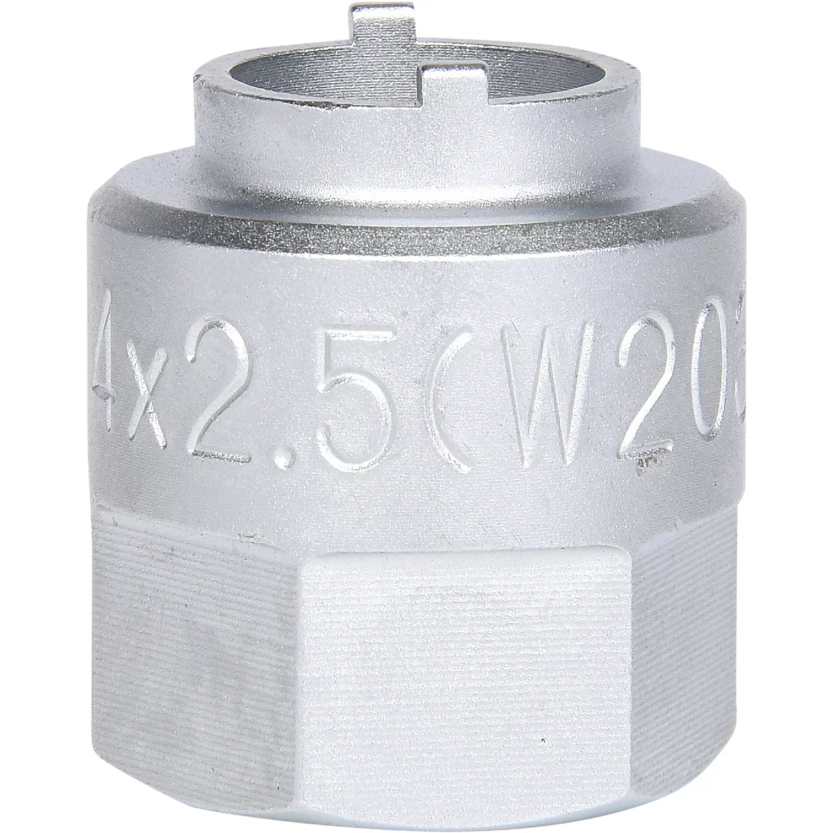 Silberfarbenes Werkzeugteil, mit eingraviertem Text: 4x2,5(W20. Oben mit Aussparung.